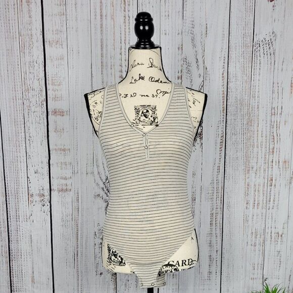 American Eagle Black & Cream XS Stretchy Chic Striped Button Tank Top Bodysuit - Picture 1 of 9